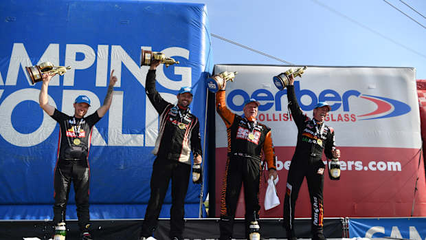 Sunday's NHRA race winners at Route 66 Raceway (from left): Gaige Herrera (Pro Stock Motorcycle), Dallas Glenn (Pro Stock), Tim Wilkerson (Funny Car) and Clay Millican (Top Fuel). Photo courtesy NHRA.